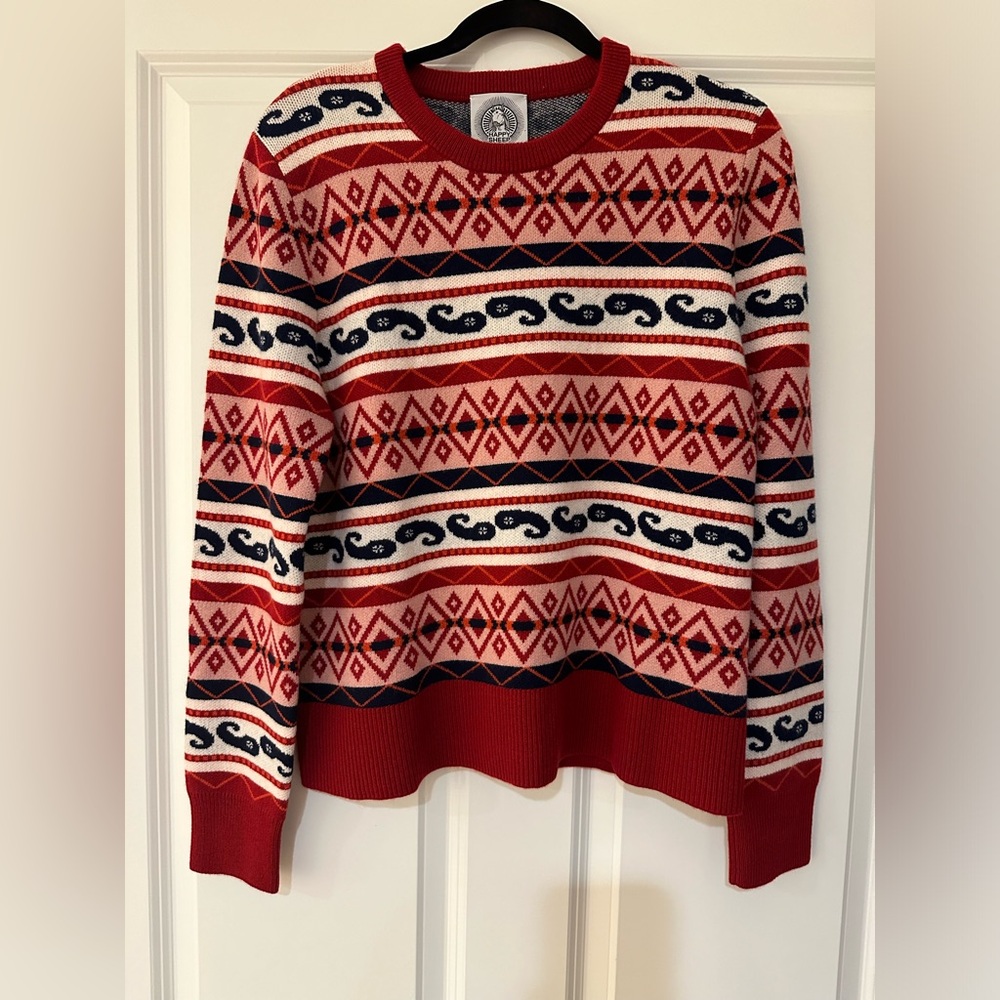 NWT Happy Sheep CrewSize L, Red- White, Navy Blue Wool Cashmere Italian Designer